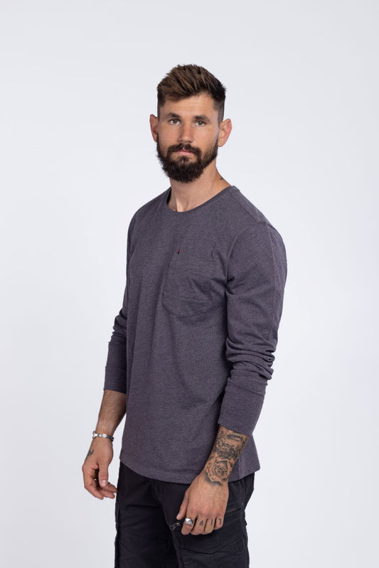 Pocket Cotton | חולצת כיס שרוול ארוך חום מלאנג' - האחים כהן - ביגוד לעבודה